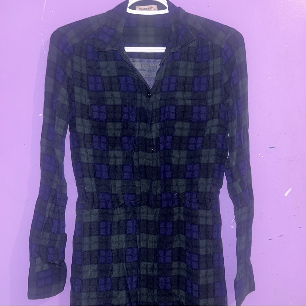 Smart Set Forest Green Plaid Long-Sleeve Buttoned Shirt Dress